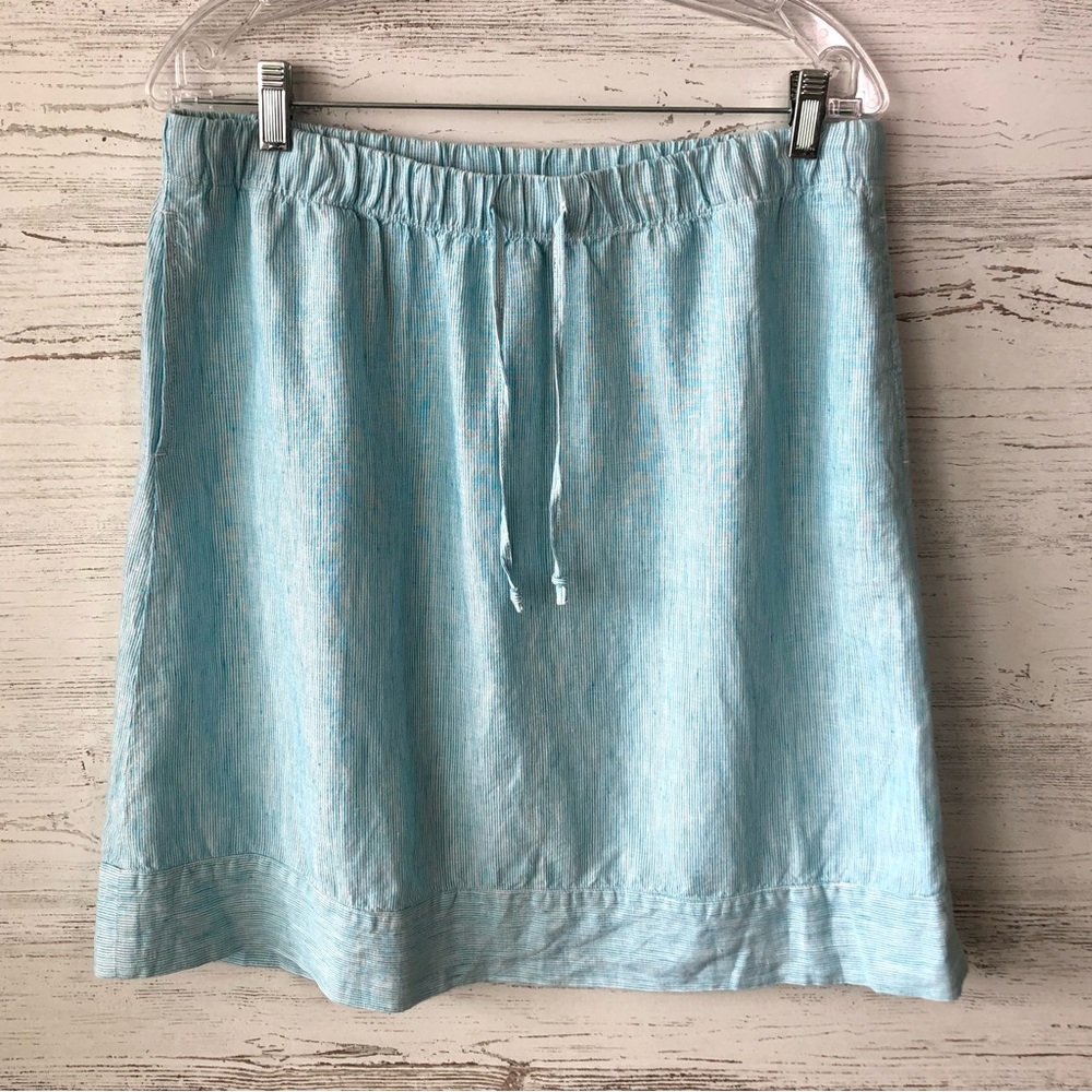 J. JILL LOVE LINEN 100% Linen Pinstripe Teal White Skirt M